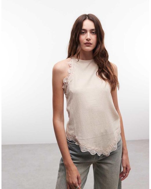 River Island Natural Lace Trim Halterneck Textured Top