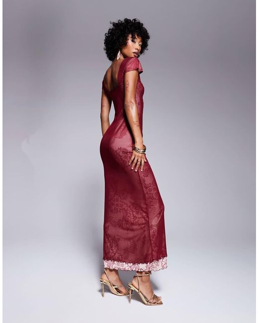 Vestido Largo Con Escote Corazón, Estampado Y Diseño De Dos Capas De Encaje Y Malla De -Rojo ASOS de color Red