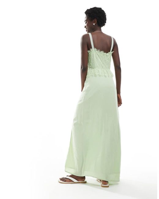 Miss Selfridge Green Cheesecloth Maxi Corset Dress With Ribbon Trims