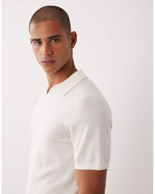 ASOS White Short Sleeve Knitted Pure Merino Wool Notch Neck Polo for men