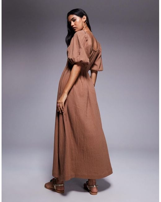 Robe mi-longue en aspect lin à manches bouffantes - taupe River Island en coloris Brown