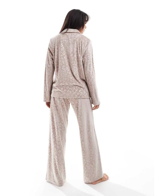Loungeable White Leopard Velour Long Sleeve Buttoned Pyjamas Trouser Set
