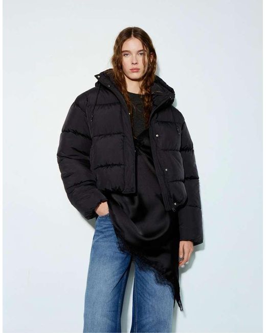 Pull&Bear Blue Short Puffer Jacket With Hood
