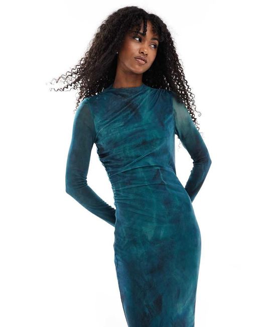 Vestido Largo Cerceta Y Verde De Manga Larga Con Estampado Marmoleado Y Diseño Con Caída De Malla De Vero Moda de color Blue
