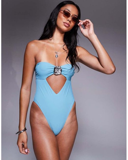 ASOS Blue Harriet Adjustable Straps Swimsuit With Hammered Silver Tone Trim