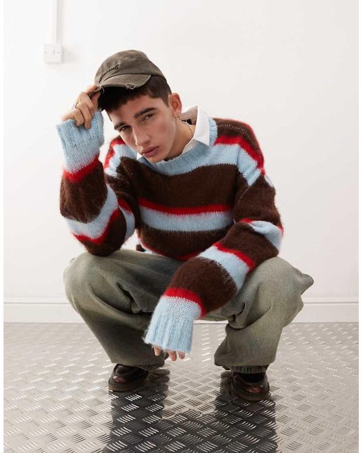 Maglione Oversize Girocollo Spazzolato Blu A Righe di Collusion in Black da Uomo