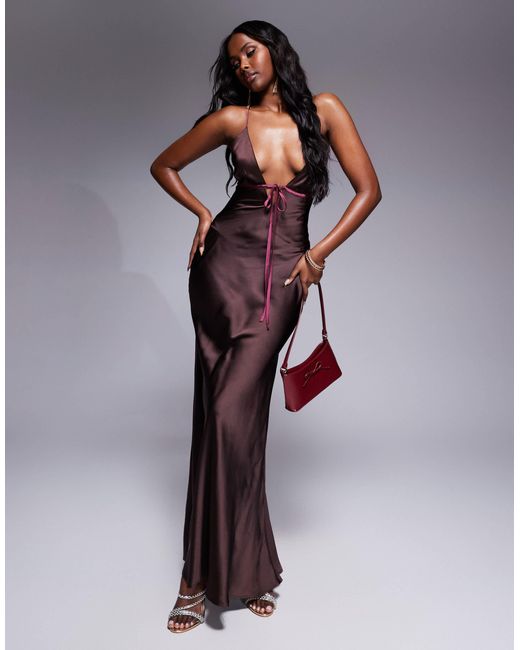 ASOS Brown Bias Cut Cami Maxi Dress With Contrast Tie Detail