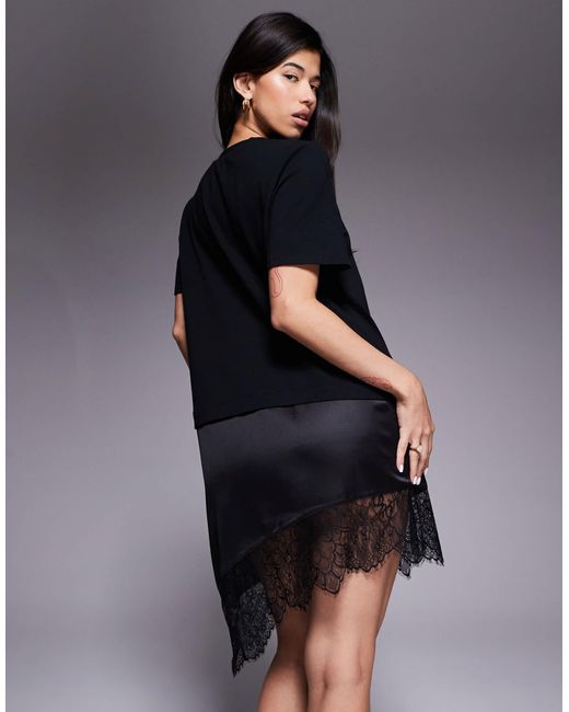 Robe t-shirt courte hybride avec ourlet en dentelle ASOS en coloris Blue