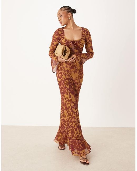 ASOS Brown Asos Design Tall Ruched Bust Long Sleeve Maxi Dress