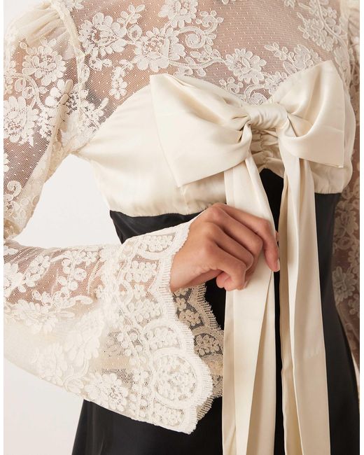 For Love & Lemons Women's White Lace And Satin Mix Long Sleeve Mini Dress  With Bow Bust Detail - benaras.co