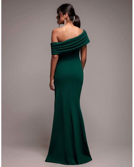 Goddiva Green Pleated One Shoulder Bardot Fit And Flare Maxi Dress