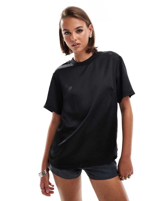 ASOS Black Satin T Shirt With Ribbed Neckline