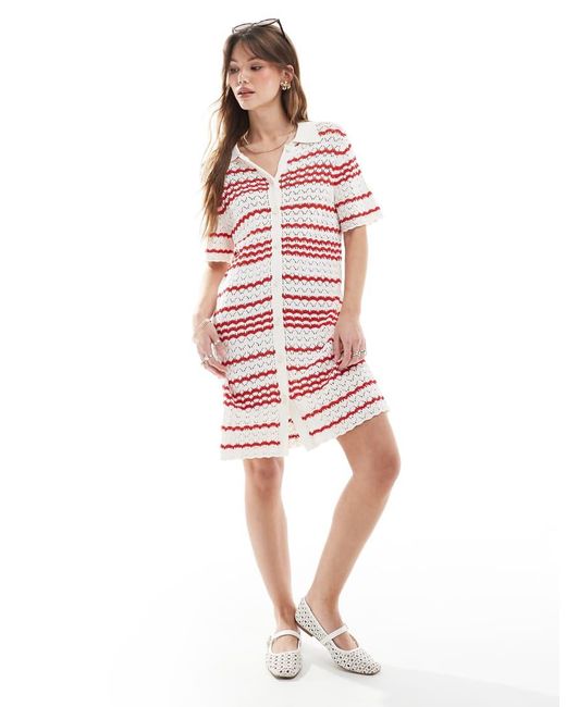 Miss Selfridge Red Crochet Contrast Polo Button Through Knit Dress
