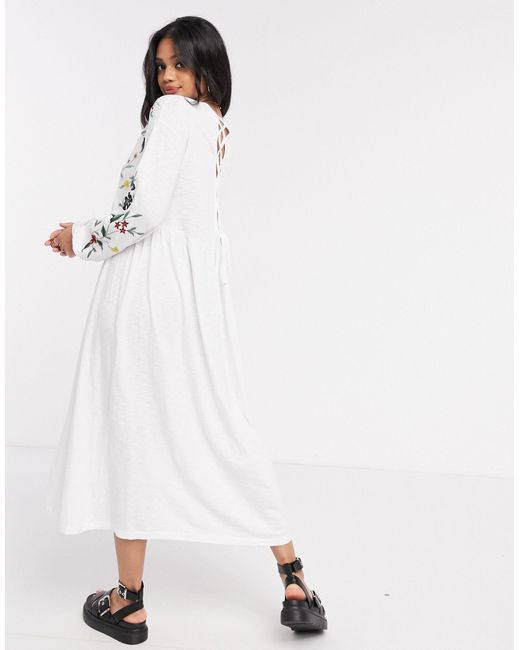 lace up back embroidered smock dress