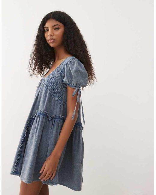 Reclaimed Vintage Blue Denim Smock Dress With Pintuck And Seam Details