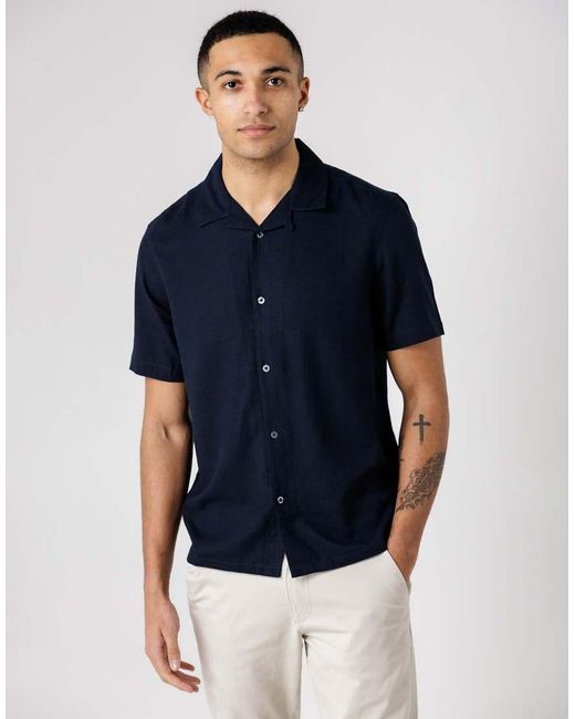 French Connection Blue Linen Blend Short Sleeve Revere Collar Shirt for men