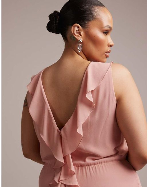 Tfnc Plus Pink Bridesmaid Chiffon V Neck Ruffle Maxi Dress