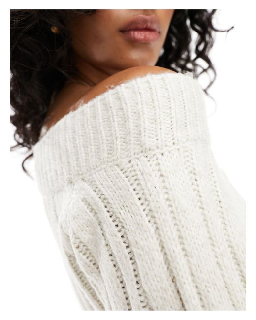 Miss Selfridge White Off The Shoulder Bardot Wide Rib Knit Cozy Crop Sweater