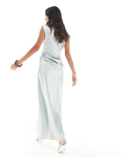 4th & Reckless White Gathered Waist Drape Detail Slash Neck Satin Maxi Dress