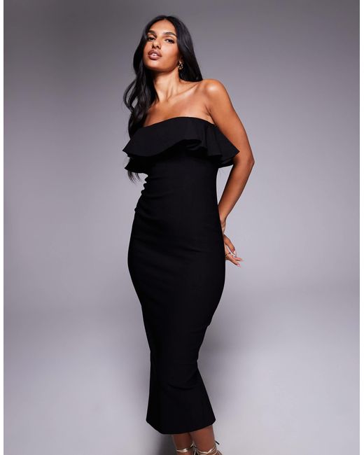 Vesper Blue Bengaline Foldover Frill Detail Bandeau Midi Dress