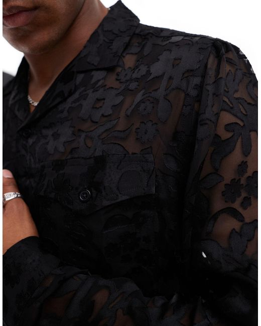 ASOS Black Relaxed Revere Sheer Jacquard Western Shirt for men