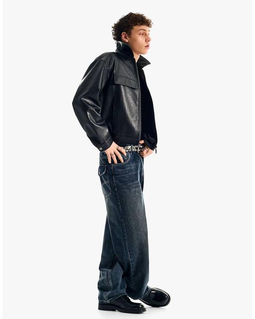 Bershka Blue Tall Embroidered Super baggy Jeans for men