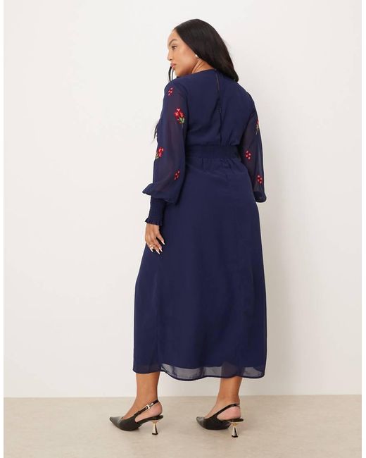 Hope & Ivy Plus Blue Chiffon V Neck Button Front Floral Embroidered Midi Dress