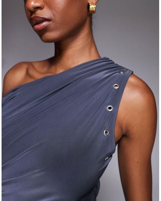 Kaiia Blue Exclusive Double Layered Slinky Asymmetric Twist Off Shoulder Eyelet Detail Mini Dress