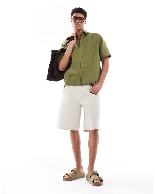 Camicia Regular Fit Squadrata 100% Lino Polvere di ASOS in Green da Uomo