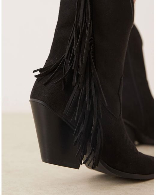 Glamorous Black Fringe Western Knee Boots