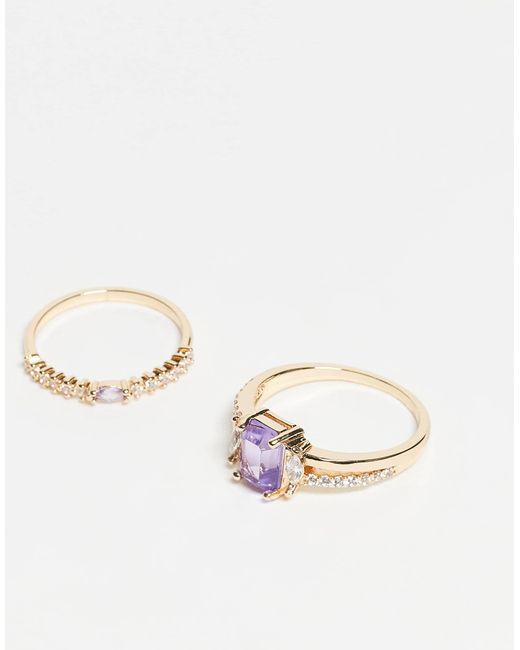 ASOS Metallic Pack Of 2 Rings With Purple Faux Stone And Cz Stones