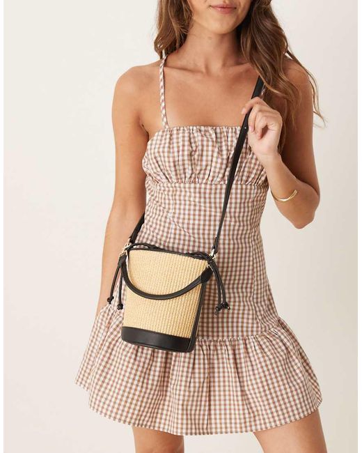 Mango Natural Woven Lined Cross Body Bag With Drawstring