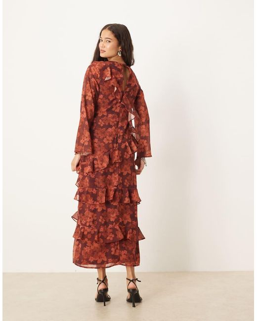 ANAYA Red Floral Long Sleeve Ruffle Midaxi Dress