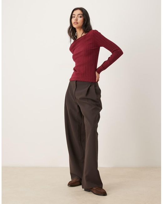 Mango Red Ribbed Slash Neck Lightweight Jumper