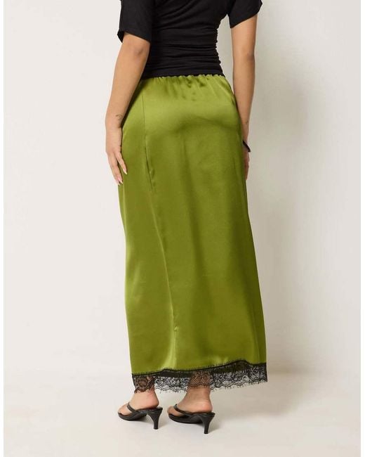 PixieGirl Green Petite Lace Hem Satin Maxi Skirt