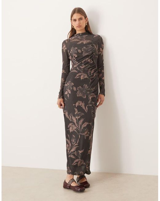 ASOS Multicolor Long Sleeve Drape Ruched Front Detail Midi Dress