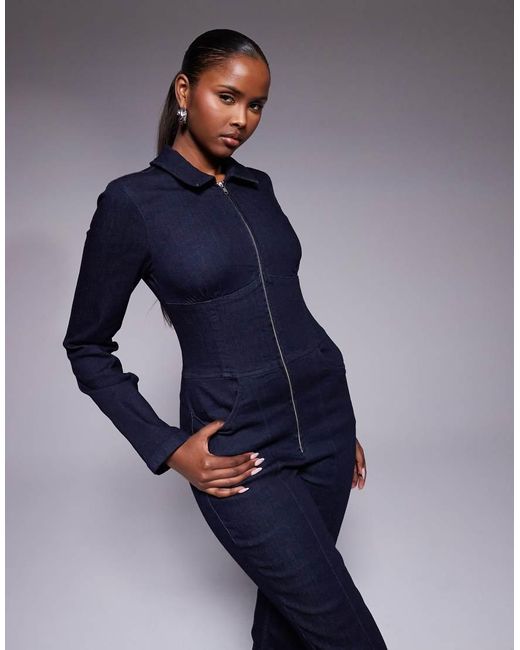 ASOS Blue Stretch Denim Jumpsuit With Corset Waist