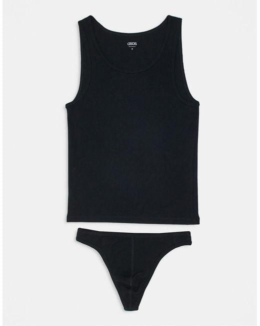 ASOS Black Rib Thong And Vest Set for men