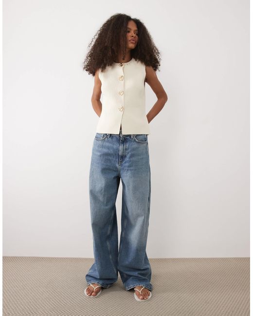 Mango White Knitted Vest With Sun Statement Buttons