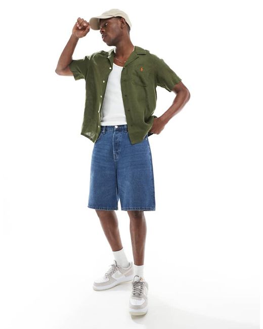 Polo Ralph Lauren Green Icon Logo Short Sleeve Revere Collar Linen Shirt Classic Oversized Fit for men