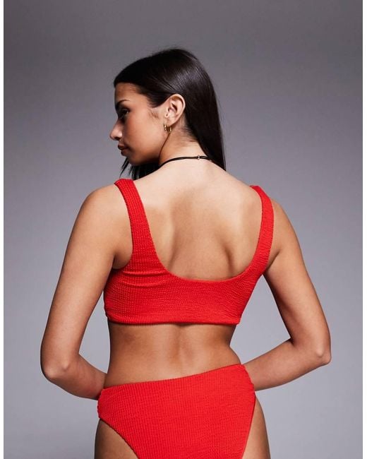 The Frolic Red Exclusive Scoop Neck Heart Detail Crinkle Bikini Top Co-Ord