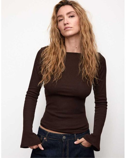 Stradivarius Brown Basic Bell Sleeve T-Shirt