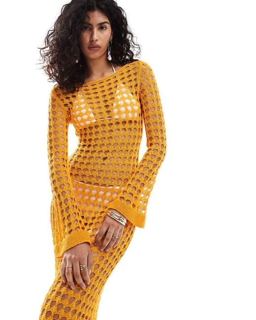 Mango Orange Long Sleeve Crochet Maxi Dress