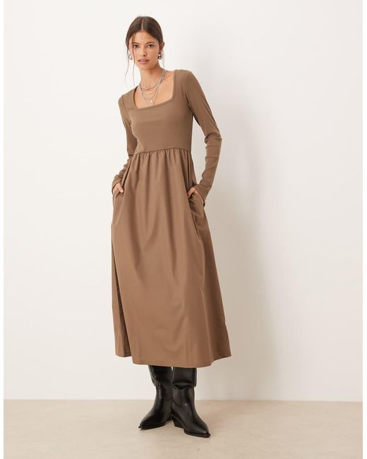 Threadbare Natural Long Sleeve Square Neck Midi Dress With Poplin Skirt