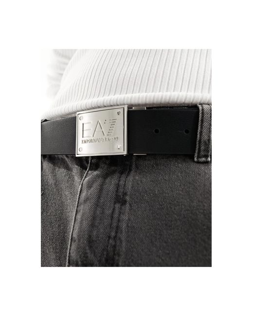 EA7 Black Armani Logo Plaque Reversible Leather Belt for men