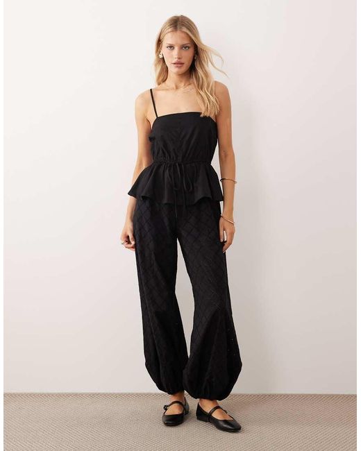 ASOS Black Cami Peplum Jumpsuit With Embroidered Trousers