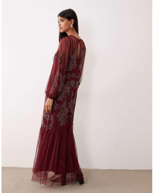 Maya Red Embellished Long Sleeve Trapeze Maxi Dress