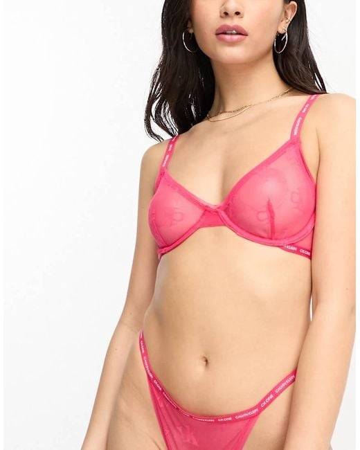 Calvin Klein Red Ck One Logo Lace Sheer Unlined Demi Bra