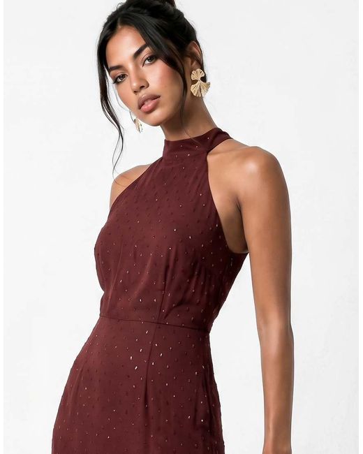 ANAYA Red Halter Neck Waterfall Ruffle Maxi Dress