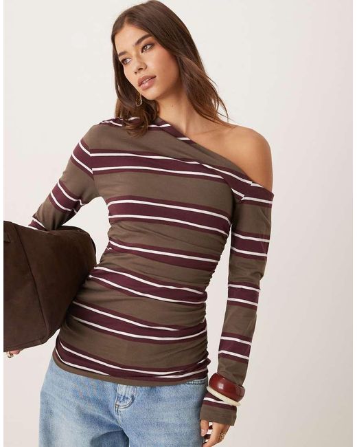 Camiseta Caqui A Rayas De Manga Larga Con Hombro Caído Y Cintura Estilo Corsé De ASOS de color Brown
